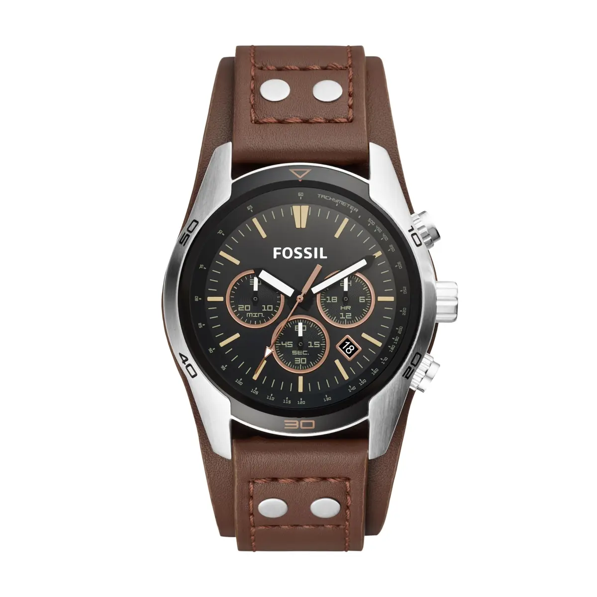 Fossil — Relógio masculino Coachman de quartzo, aço inoxidável e couro, casual, com punho