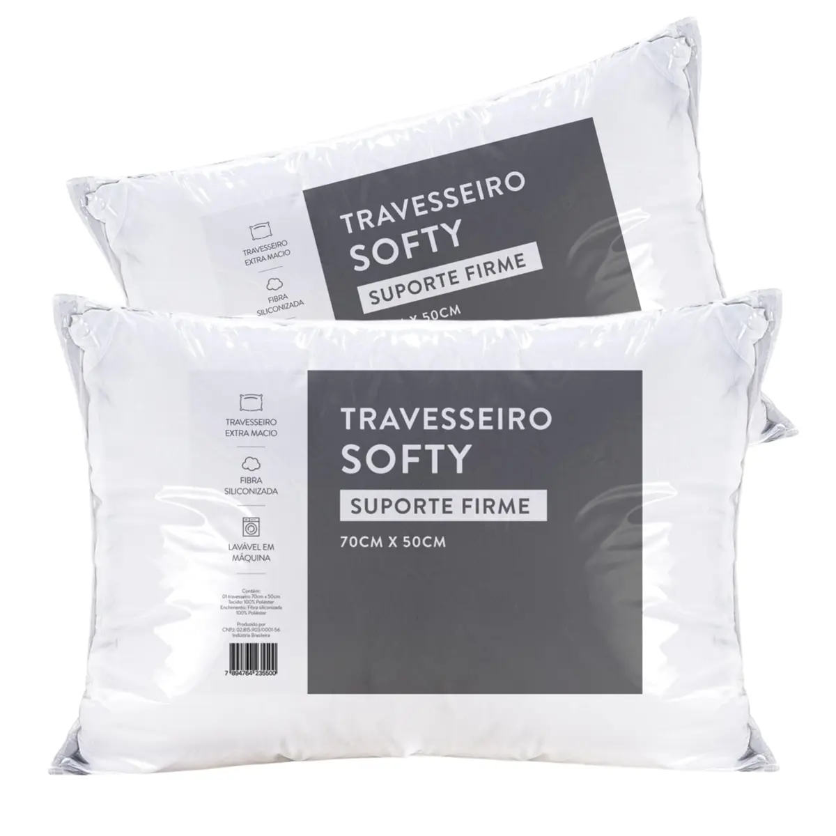 Kit 02 Travesseiros 70cm x 50cm Softy Suporte Firme Alto Extra Macio Antialérgico Fibra Importada - 1