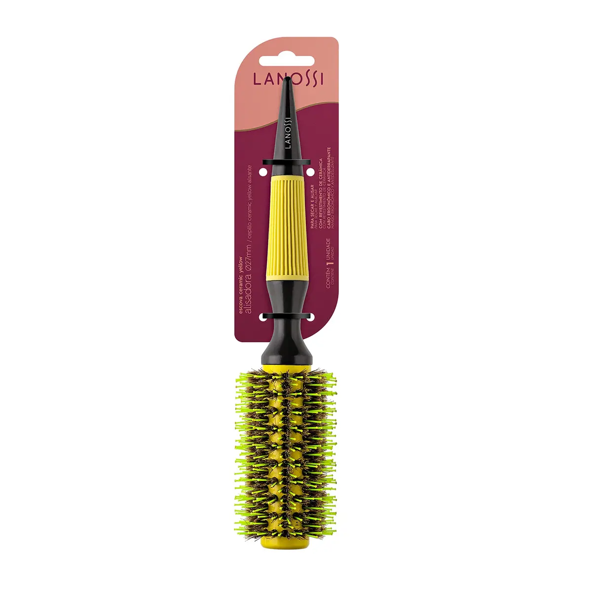 Lanossi - Escova Alisadora Térmica de 27mm, Cor Amarela, Linha Ceramic Yellow