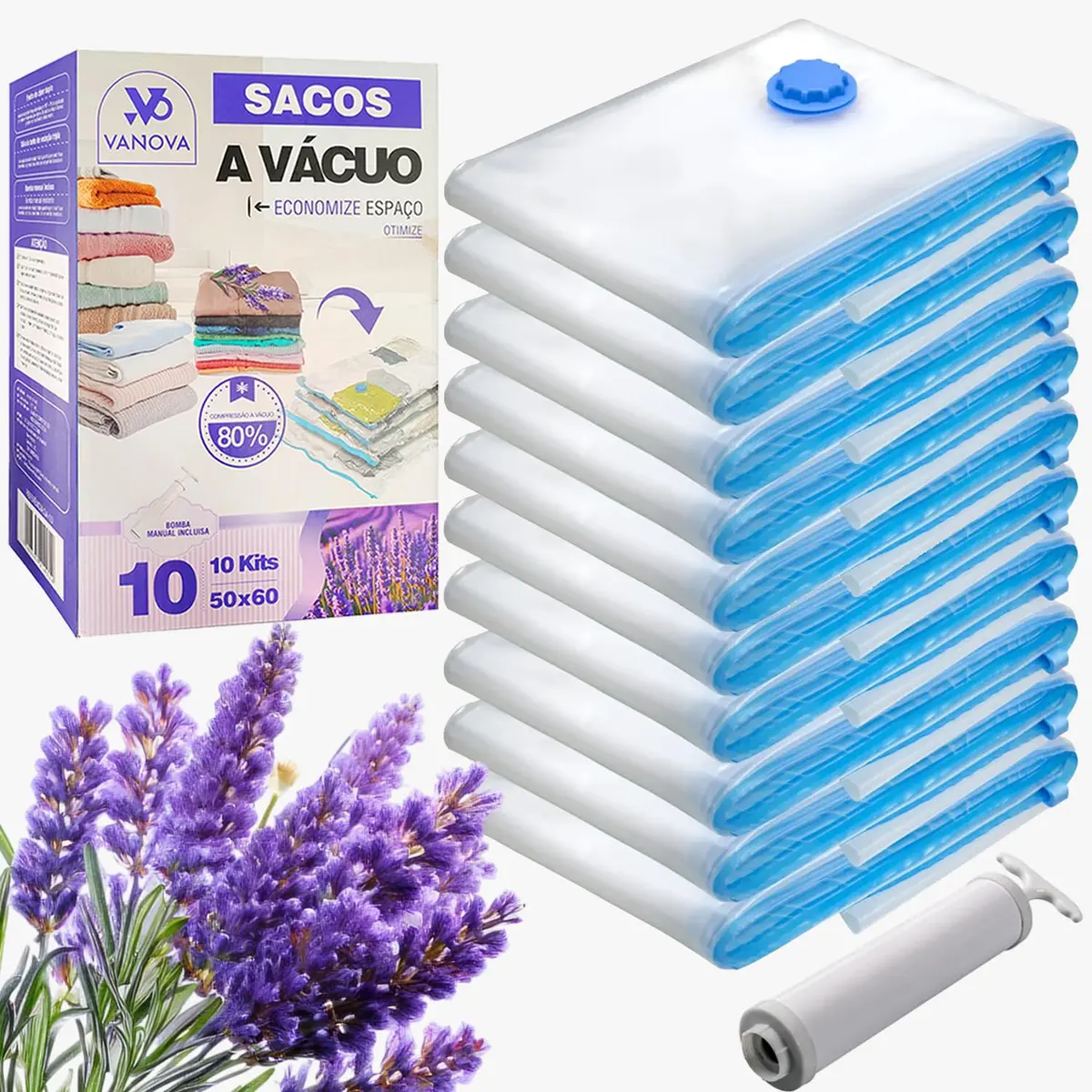 Kit 10 Sacos a Vácuo com Aroma Lavanda 50x60cm + Bomba | Sacos a Vacuo para Mala, Organizador de Mala, Saco a Vacuo para Viagem e Guarda-Roupa - 1