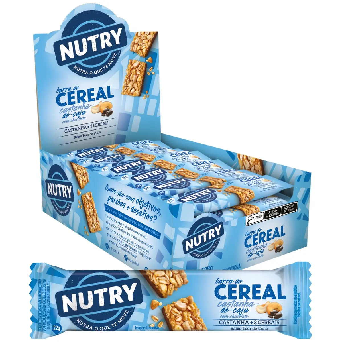 Nutry Barra De Cereais Castanha-De-Caju Com Chocolate 22G - Display | Com 24 unidades, 3 Cereais, Castanha-de-Caju e Camada sabor Chocolate