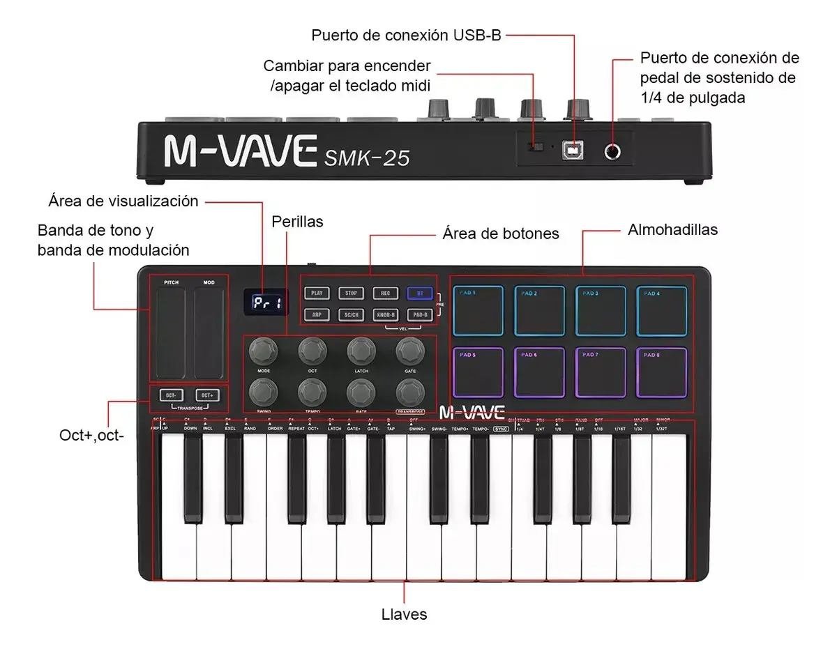 Teclado Controlador MIDI M-Vave SMK-25 25 Teclas 8 Pads Bluetooth thumbnail 10