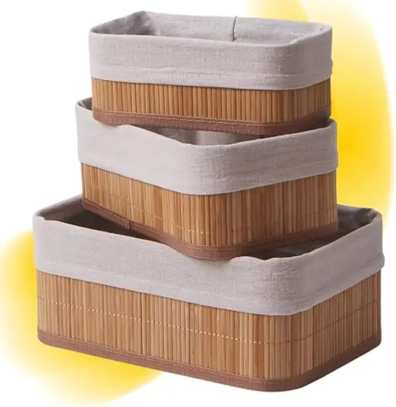 Conjunto de 3 Cestos Organizadores em Bambu com Forro, 33x23x12cm, 29x19x10cm, 25x15x8cm, Bege