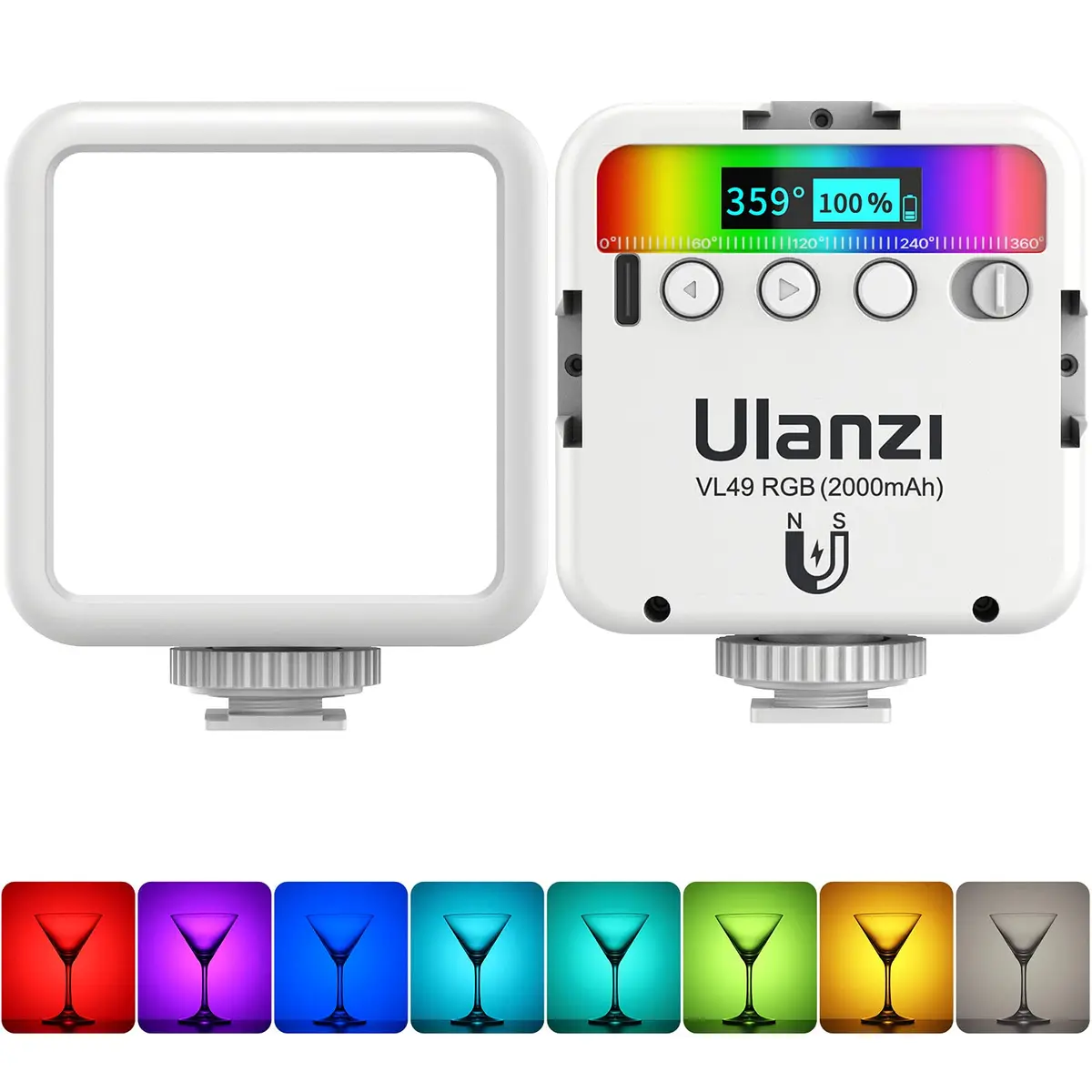 ULANZI VL49 Luzes de vídeo RGB brancas, luz de câmera LED 360° iluminação portátil colorida para fotografia com 3 sapatos frios, recarregável de 2000 mAh CRI 95+ 2500-9000K com suporte para atração - 1