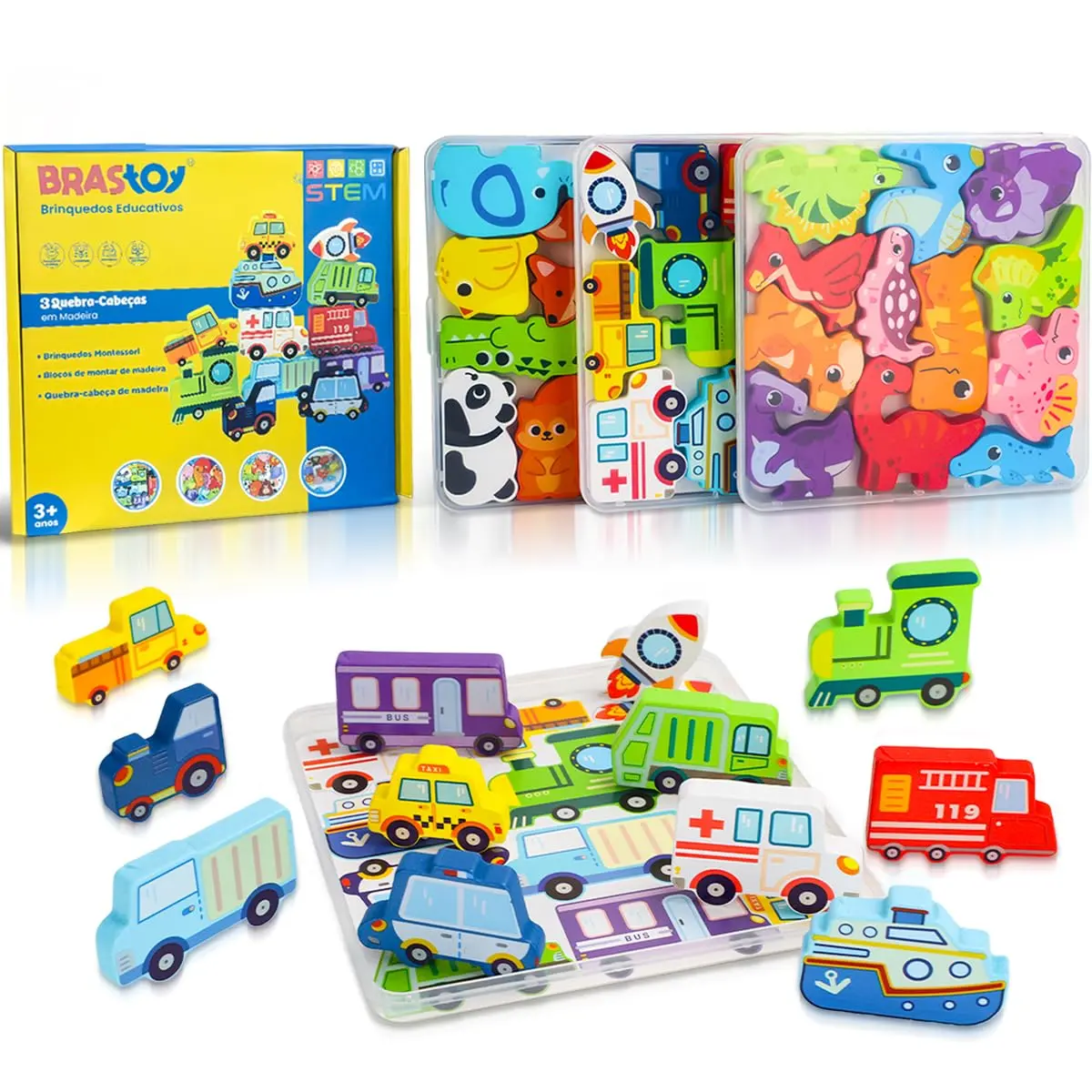 Brinquedo Educativo Montessori de Madeira 36 Peças - Quebra-Cabeça Infantil de Montagem, Classificação e Empilhamento (Animais, Dinossauros e Trânsito) - 1