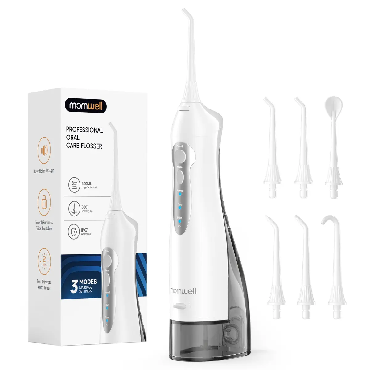 Mornwell Irrigador Oral Elétrico Sem Fio, 3 Modos 6 Pontas IPX7 300ml Verde | Hidropulsor Dental Portátil Recarregável, 1400 Pulsações/min, 30 Dias Autonomia, USB, para Aparelho Ortodôntico e Viagens - 1
