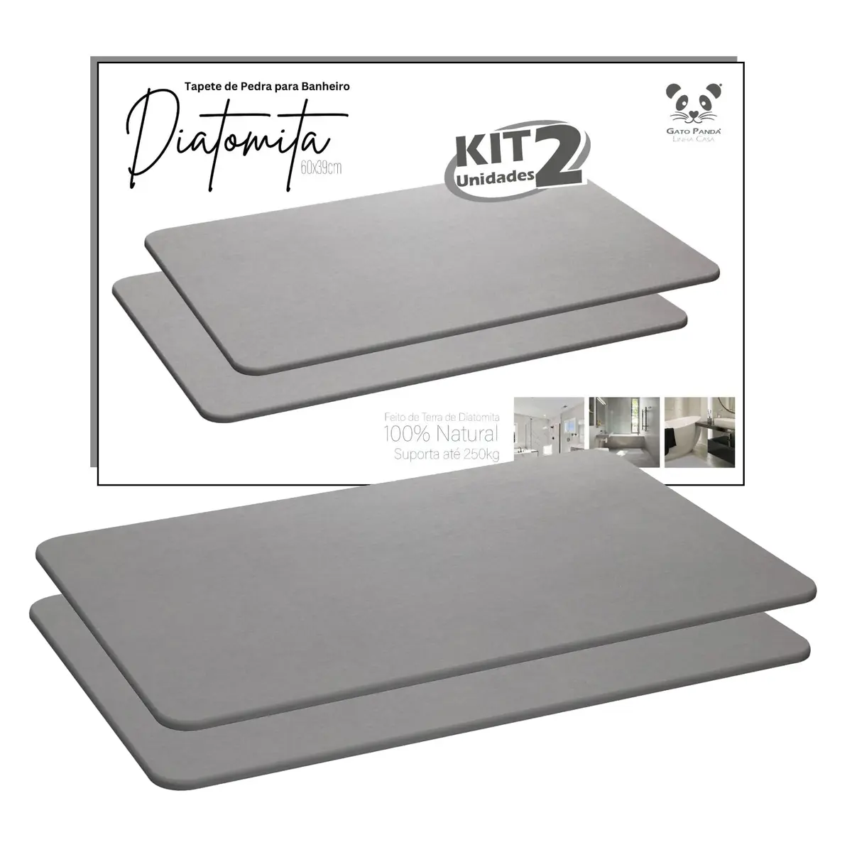 Gato Panda - Kit com 2 Tapetes de Pedra Diatomita para Banheiro Cinza 60x39 cm – Tapete Absorvente de Secagem Instantânea, Antiderrapante, Antibacteriano e Fácil de Limpar, Retangular