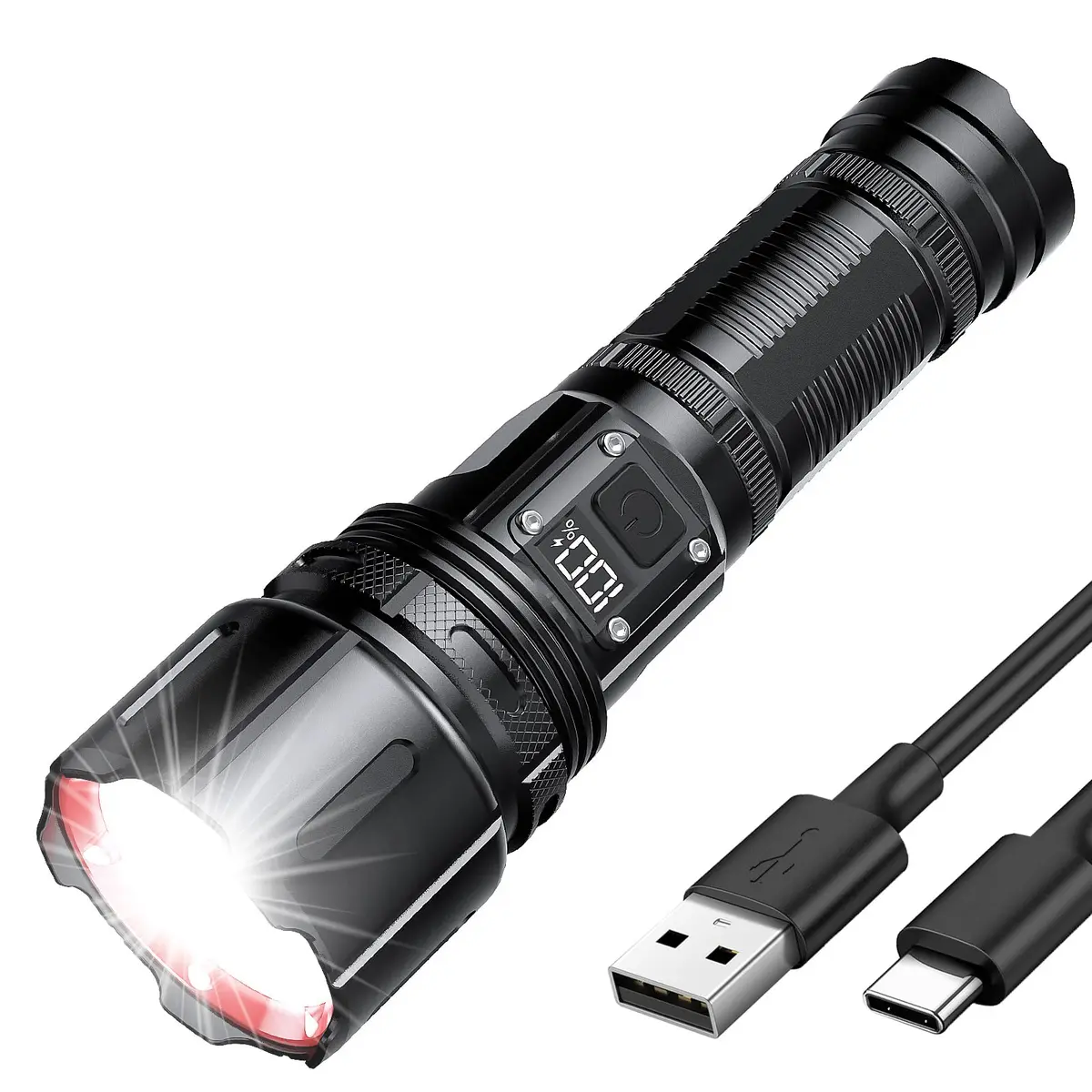 Lanterna LED recarregável de 10.000 lúmens, lanterna tática com sabre de luz, lanterna potente com zoom de longo alcance, lanterna tática militar para acampamento, caminhada, pesca