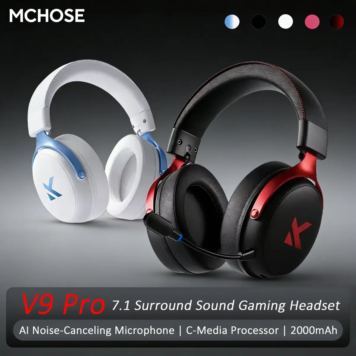 Fone de Ouvido Eletrônico MCHOSE V9 Pro para Esportes, Três Modos de Jogo, USB Sem Fio, Som Surround 7.1, Fone de Ouvido Portátil com Microfone