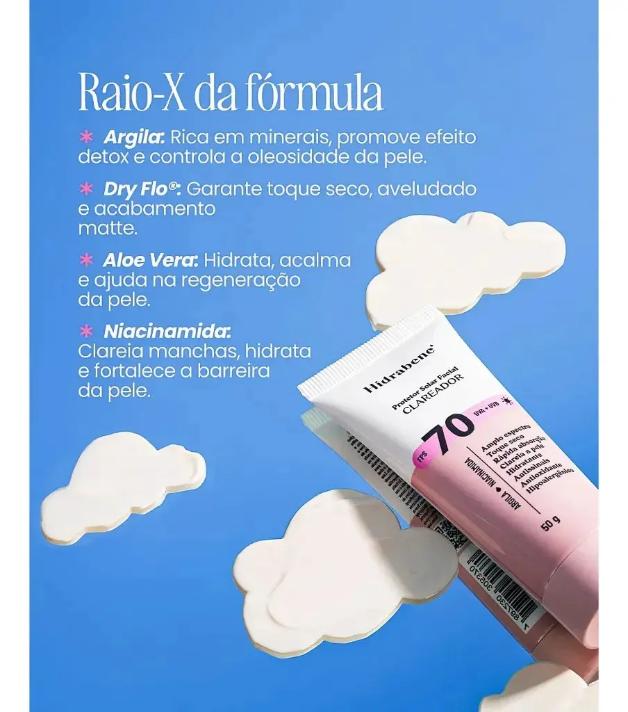 Hidrabene Protetor facial Solar FPS 70 Toque Seco Antissinais Clareia a pele 50g thumbnail 2