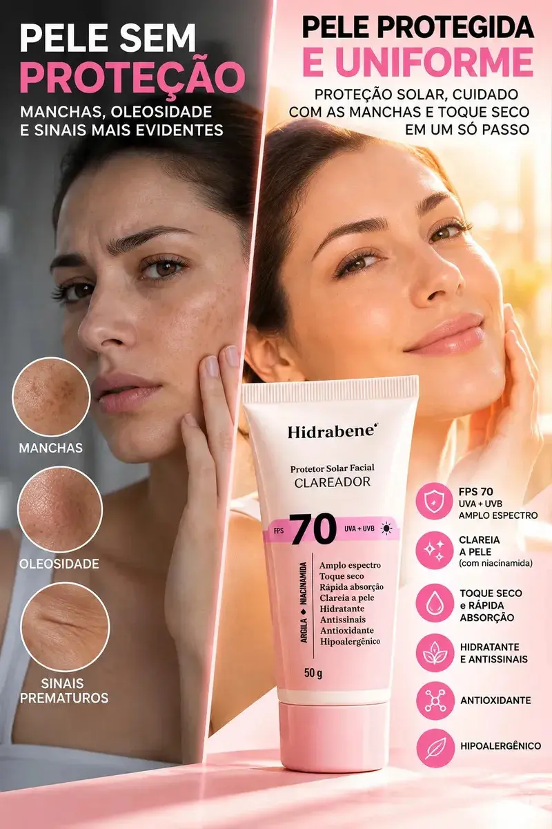 Hidrabene Protetor facial Solar FPS 70 Toque Seco Antissinais Clareia a pele 50g thumbnail 4