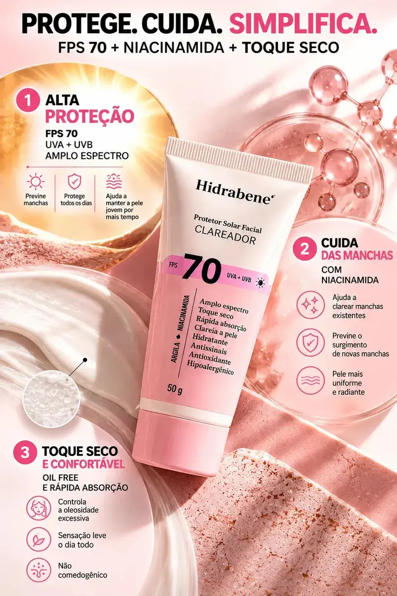 Hidrabene Protetor facial Solar FPS 70 Toque Seco Antissinais Clareia a pele 50g thumbnail 5