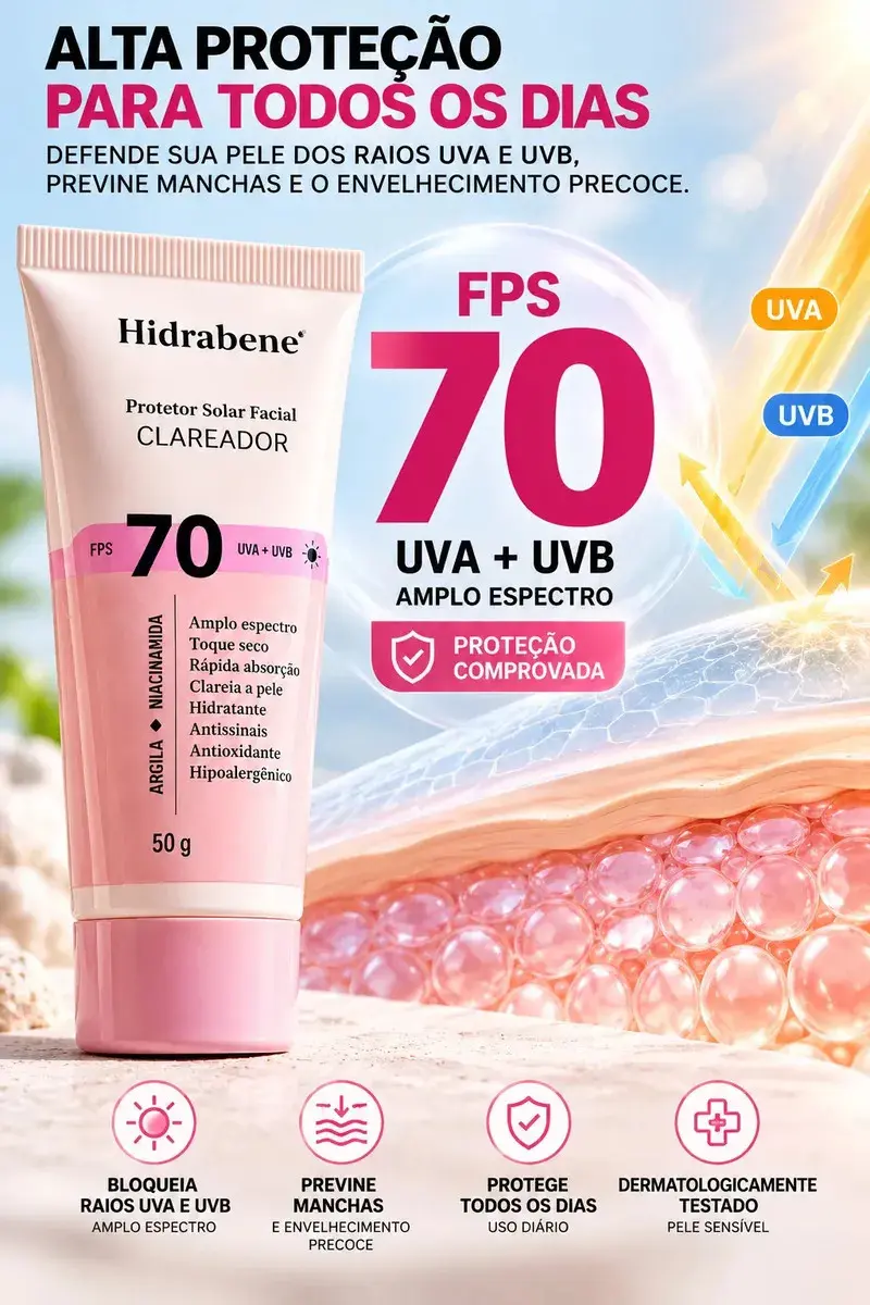 Hidrabene Protetor facial Solar FPS 70 Toque Seco Antissinais Clareia a pele 50g thumbnail 6