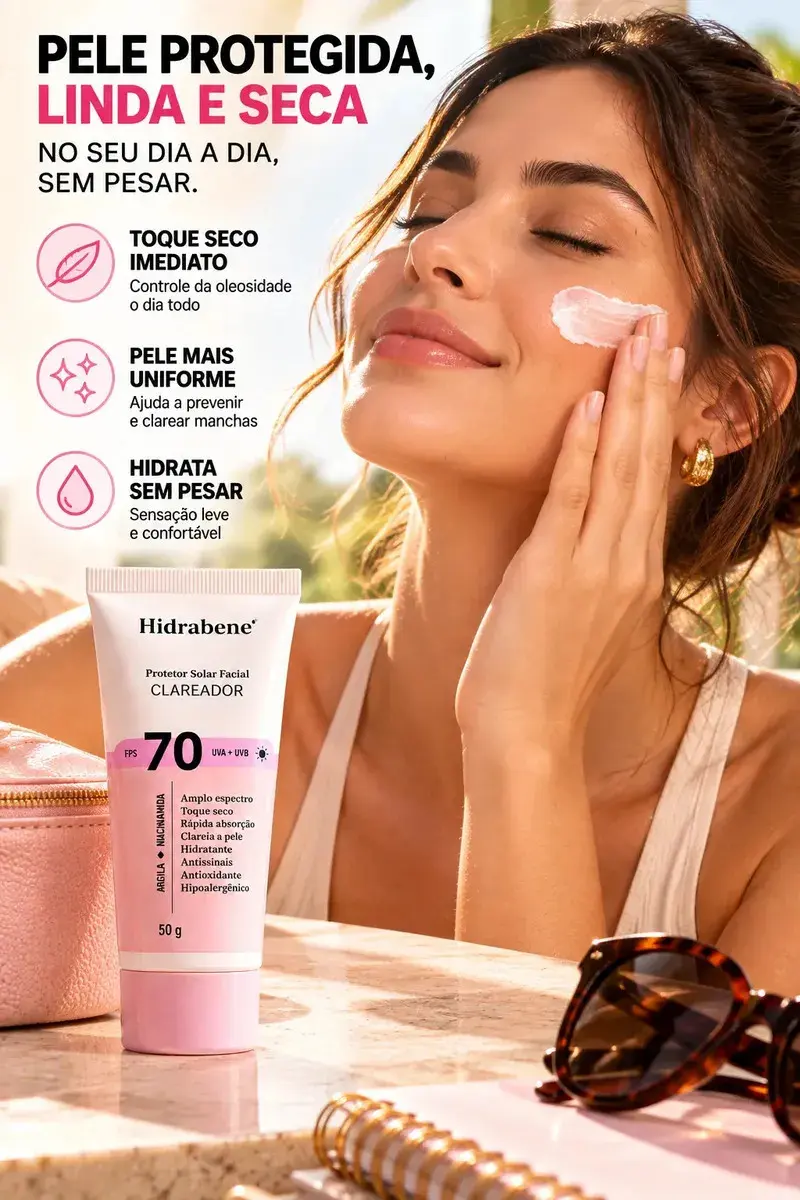 Hidrabene Protetor facial Solar FPS 70 Toque Seco Antissinais Clareia a pele 50g thumbnail 7