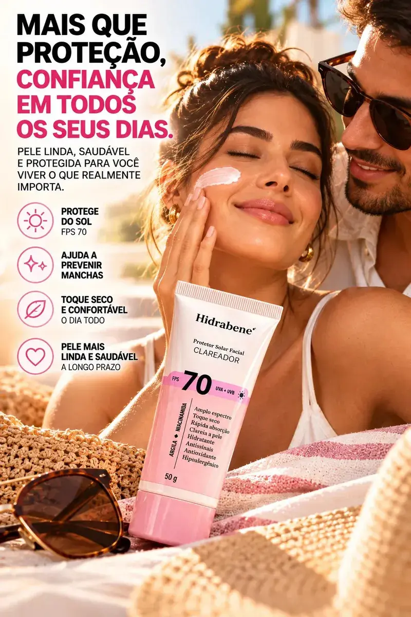 Hidrabene Protetor facial Solar FPS 70 Toque Seco Antissinais Clareia a pele 50g thumbnail 9