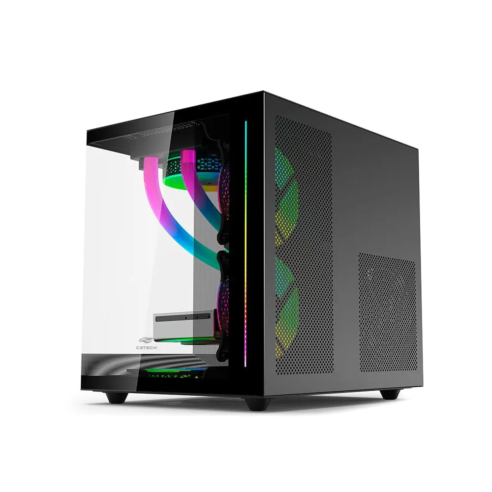 Gabinete AQUARIUS Gaming C3Tech MT-G810BKV2, Preto, frontal e lateral de vidro temperado USB-c, USB 3.0, Conector P2 para Audio e Microfone Comporta até 7 coolers Fan Filtro anti poeira