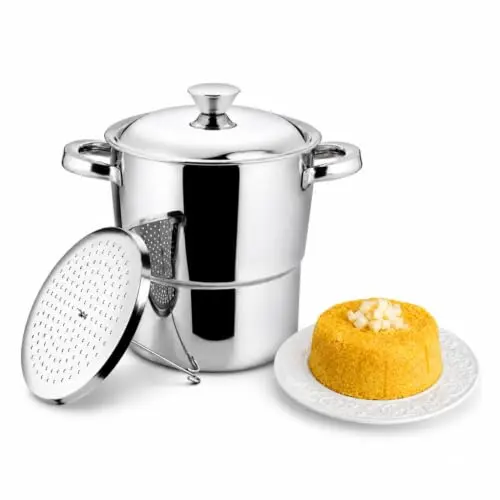 Cuscuzeira Inox 2,5L para Fogão a Gás, Elétrico e Indução | Cuscuzeira inox 2,5L com 2 compartimentos para preparo a vapor, compatível com fogão a gás, elétrico e indução.