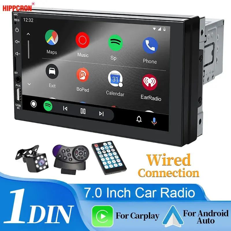Hippcron Reprodutor Multimídia para Carro com Tela Touch HD de 7 Polegadas 1 Din, CarPlay, Android Auto, Entrada FM AUX, Bluetooth, MirrorLink Universal - 1