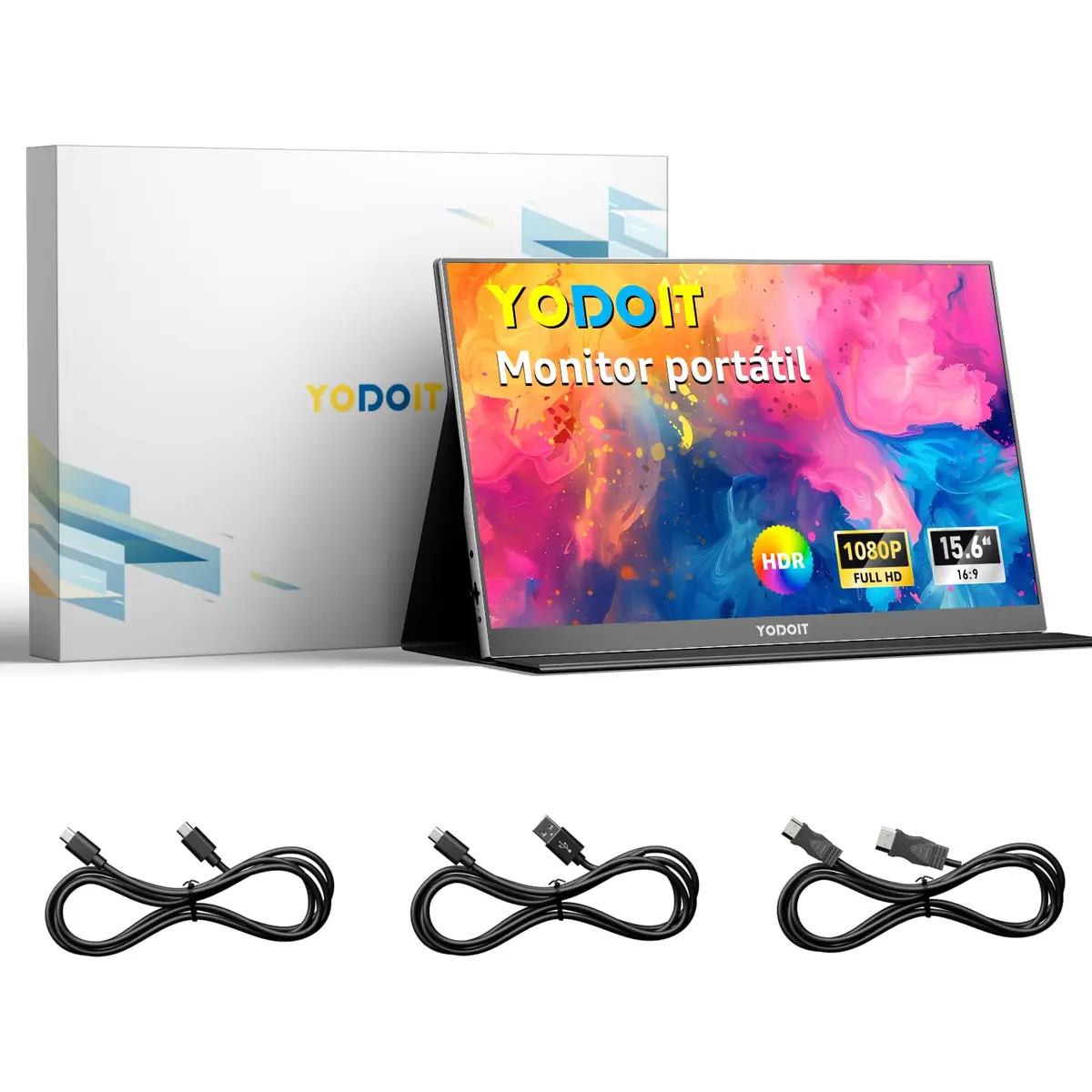 Yodoit Monitor Portátil 15,6" 1080P 100% SRGB FHD Tela com Porta USB Tipo C HDMI com Capa Inteligente Compatível com Laptop, PC, MacBook, Xbox, PS5, Phone