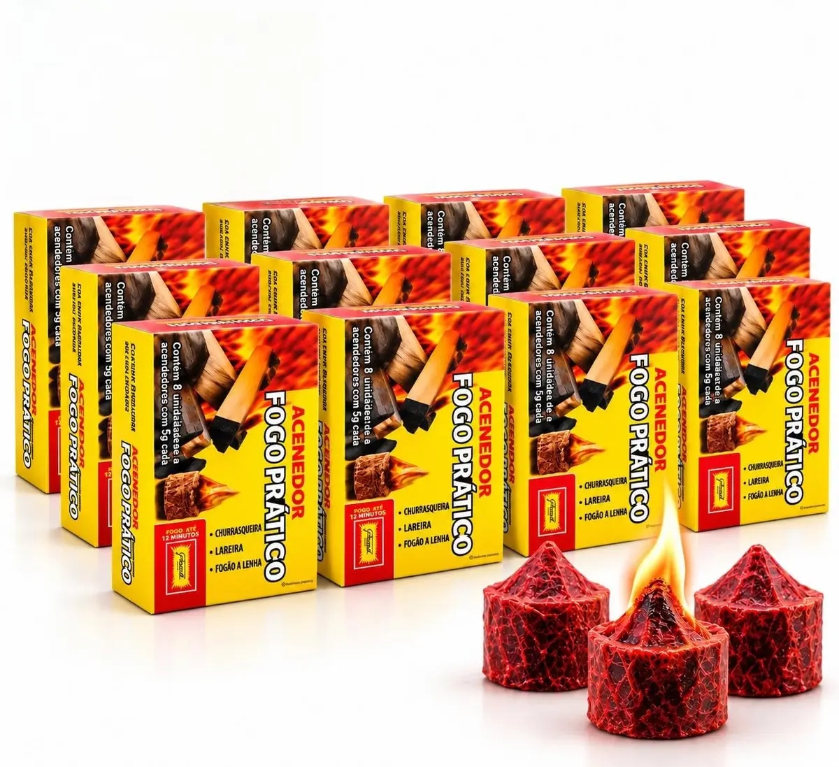 Kit 12 Caixas Acendedor Fogo Prático Gaboardi – 96 Unidades – para Churrasqueira a Carvão, Lareira e Fogão a Lenha