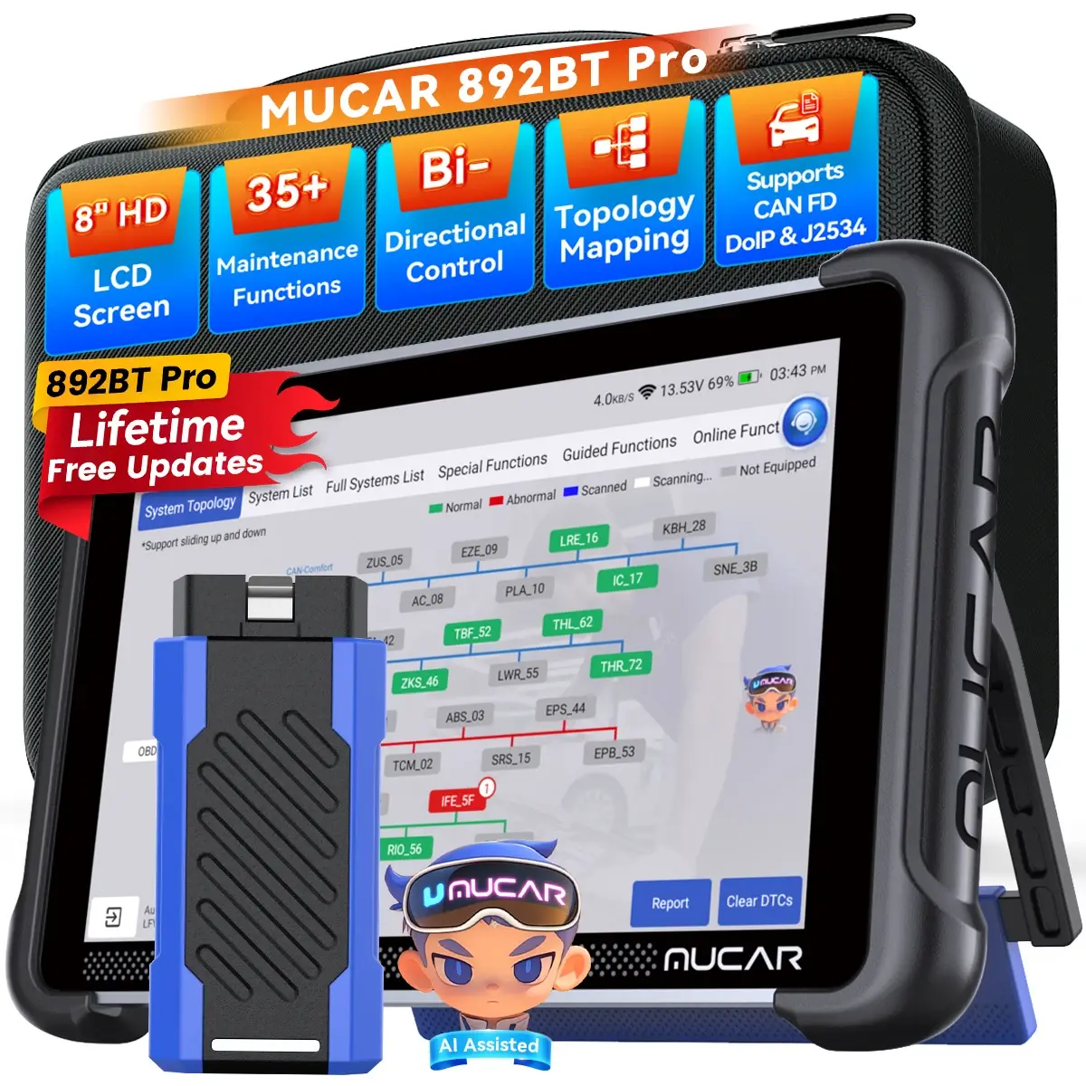 MUCAR 892BT Pro Ferramenta de Diagnóstico OBD2 com Mapa de Topologia AI Integrado, Diagnóstico de Todos os Sistemas, J2534/CAN FD/DoIP, Atualização Gratuita Vitalícia