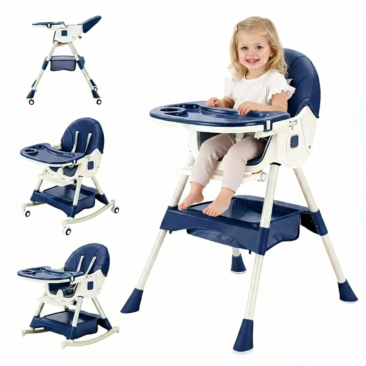 Cadeira De Alimentação Bebe Multifuncional 6 Em 1 Para Bebês, Com Dobragem Com Um Único Toque, Bandeja E Encosto Ajustáveis Em 3 Alturas, Cinto De Segurança De 5 Pontos, Rodas Com Freio E Assento Removível Em PU Que Se Limpa Com Um Pano Úmido; Ideal Para 