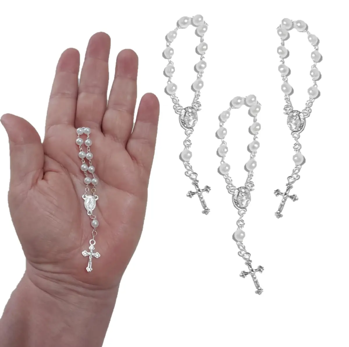 Conjunto de 20 Mini Terços com Contas de Pérolas Plásticas de 5mm e Detalhes Prateados, Ideal para Lembrancinhas de Batizado, Casamento e Nascimento (Branco)