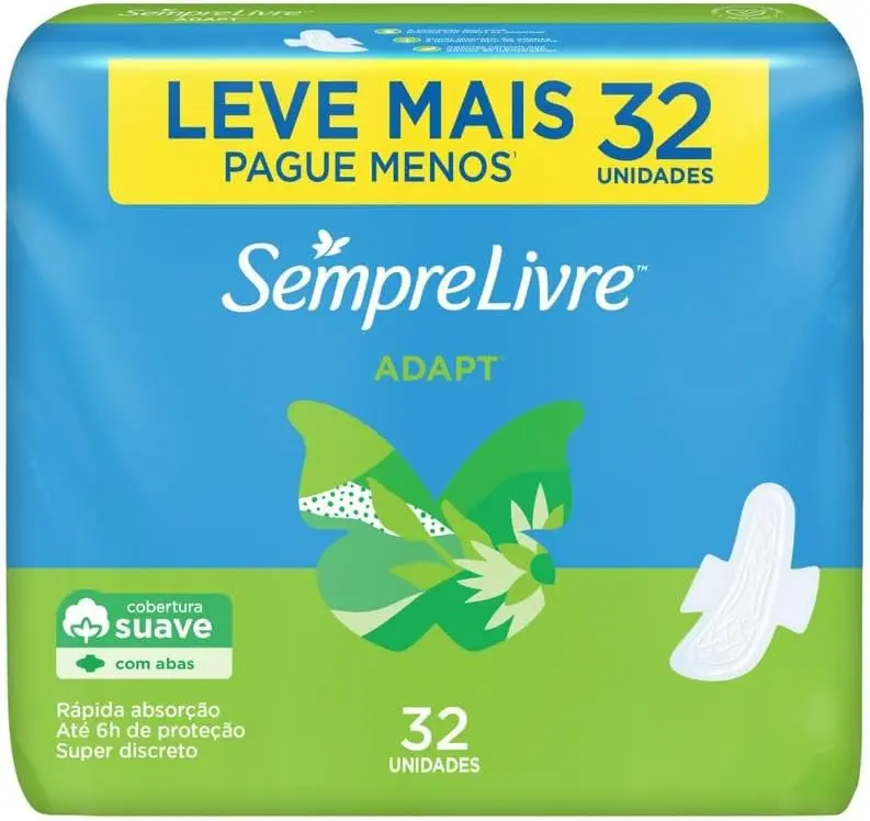 Absorvente com Abas Sempre Livre Adapt, Cobertura Suave, 32 Unidades