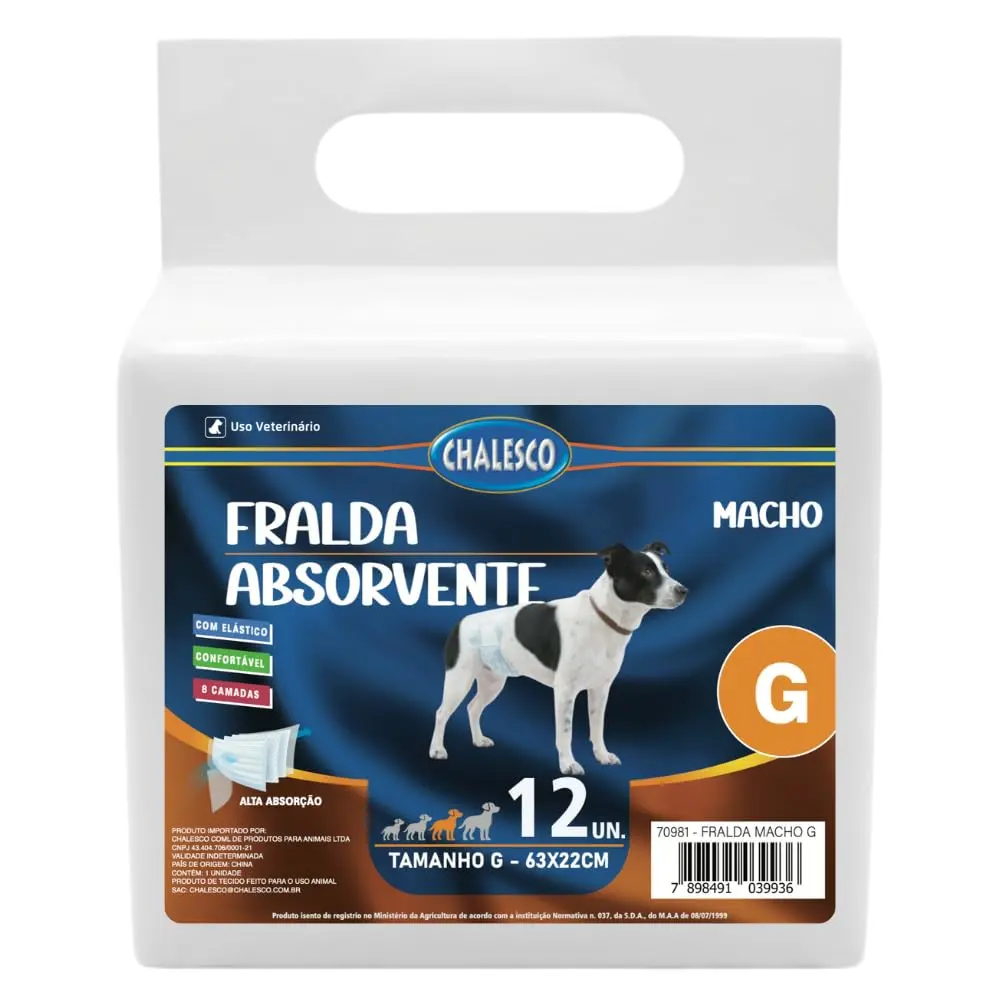 Fralda Descartável Chalesco para Cães Machos Tamanho G 16 a 25Kgs - Pacote com 12 Unidades