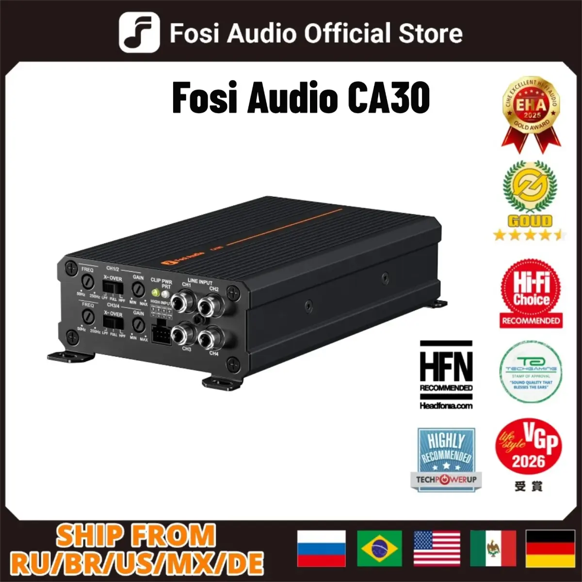 Amplificador de carro Fosi Audio CA30 de 4 canais, 100W*4@4Ω, classe D HIFI, amplificador de potência para subwoofer automotivo.