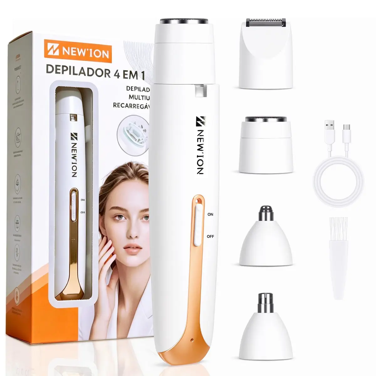 Depilador Elétrico Feminino 4 em 1, Depilador Facial com 4 Cabeças Intercambiáveis para Corpo, Rosto, Nariz e Sobrancelhas, Motor Potente, Portátil, Recarregável USB
