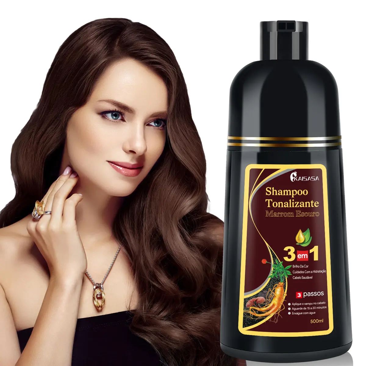 Shampoo Tonalizante Marrom Escuro 3 em 1 para Cabelos Grisalhos – Shampoo para Pintar Cabelo Unissex com Extratos Naturais, Cobertura Eficaz de Fios Brancos, Marrom Escuro Hair Dye Shampoo, 500ml