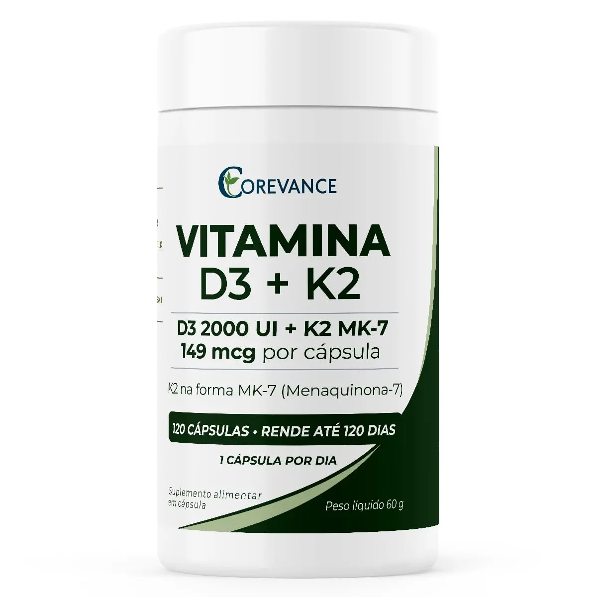 Vitamina D3 2000 UI + K2 MK-7 149 mcg, 120 Cápsulas, 4 Meses de Uso | Alto teor de vitamina D: 2000 UI em 1 cápsula ao dia. D3 na forma colecalciferol e K2 na forma menaquinona-7