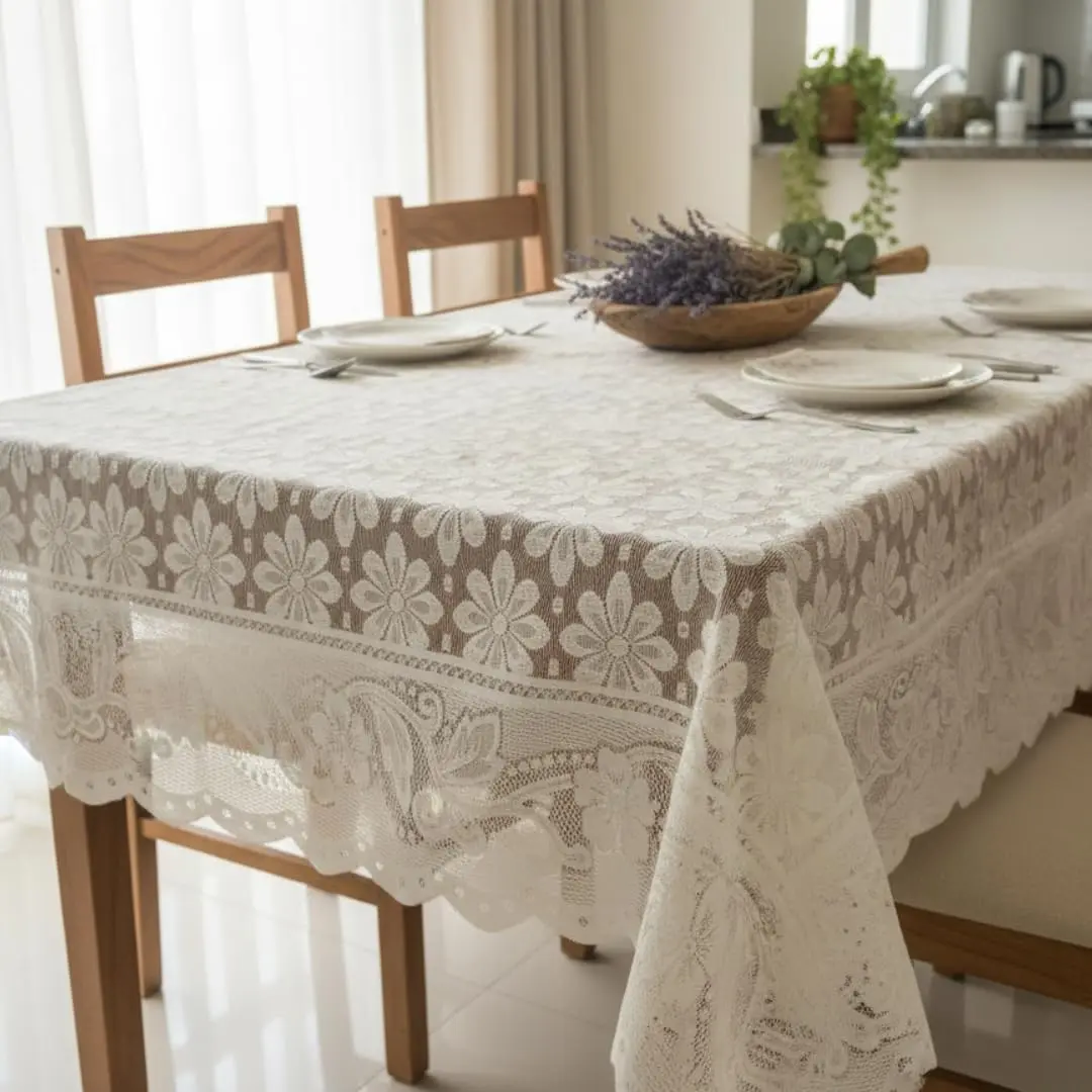 Toalha de Mesa Renda Floral Retangular 6 Lugares 2,30 x 1,50 m Decorativa para Mesa Posta 100% Poliéster (Palha)