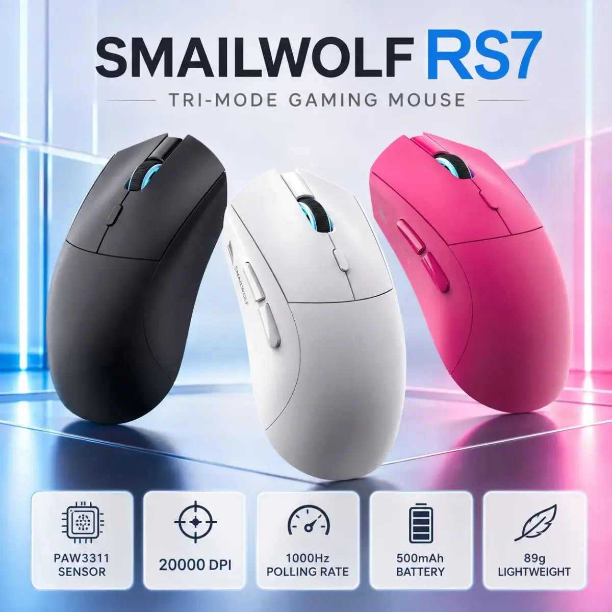 Mouse Gamer Sem Fio SMAILWOLF RS7, Sensor PAW3311, 20.000 DPI, 6 Botões Programáveis - 1
