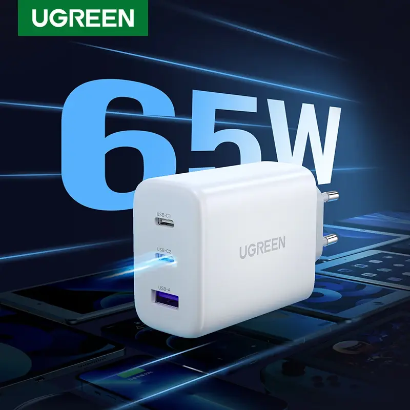 Carregador UGREEN 65W PD, carregamento rápido 4.0 e 3.0, carregador USB PD tipo C para iPhone 18, 17, 16 Pro Max, carregador rápido para portátil, carregador PD.