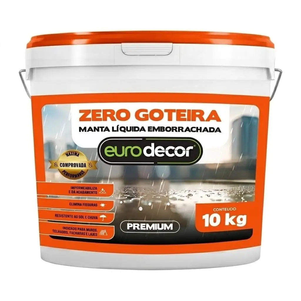 Manta Líquida Emborrachada Zero Goteira10kg Eurodecor – Impermeabilização de Laje, Telhado e Parede contra Infiltrações, Anti Goteira, Alta Resistência à Água, Rende até 15m² (Branco)