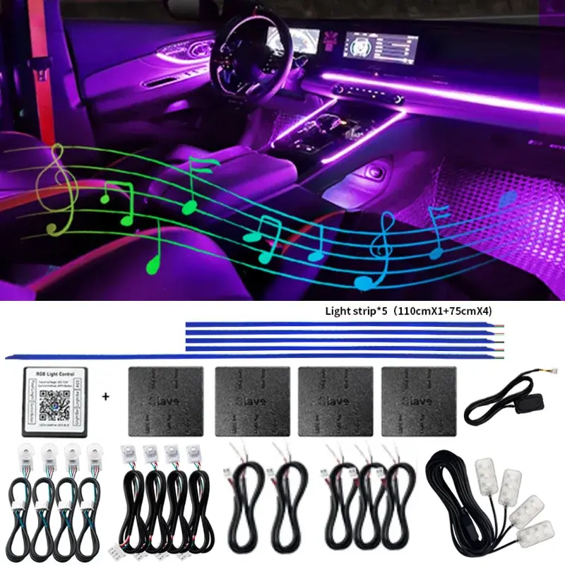 14 em 1 18 em 1 led luzes ambientais do carro controle app tira óptica fibra acrílica rgb 64 cores bluetooth atmosfera lâmpada decorativa