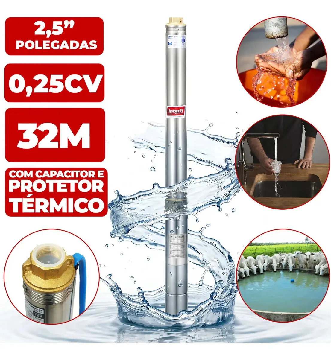 Bomba Submersa Caneta Intech Machine BSCA2 1/4 HP, para Poço Artesiano e Cisterna, de Água Limpa em Aço Inox com 2,5" - 1
