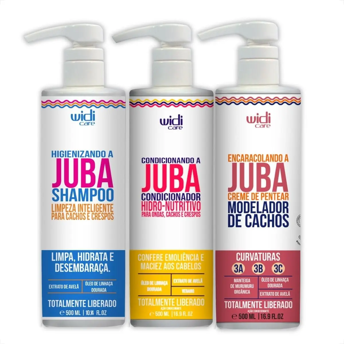 Kit de Tratamento Encaracolando a Juba WIDIcare para Cabelos Cacheados - Shampoo, Condicionador e Creme Pentear 3x500ml