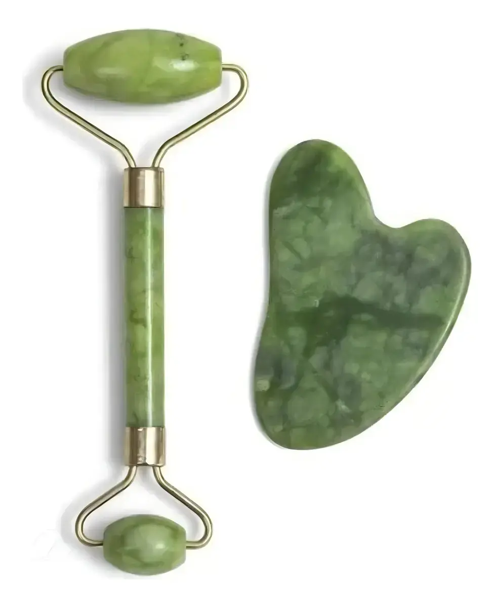 Rolo Pedra De Jade Com Placa Guasha Facial Cor Verde