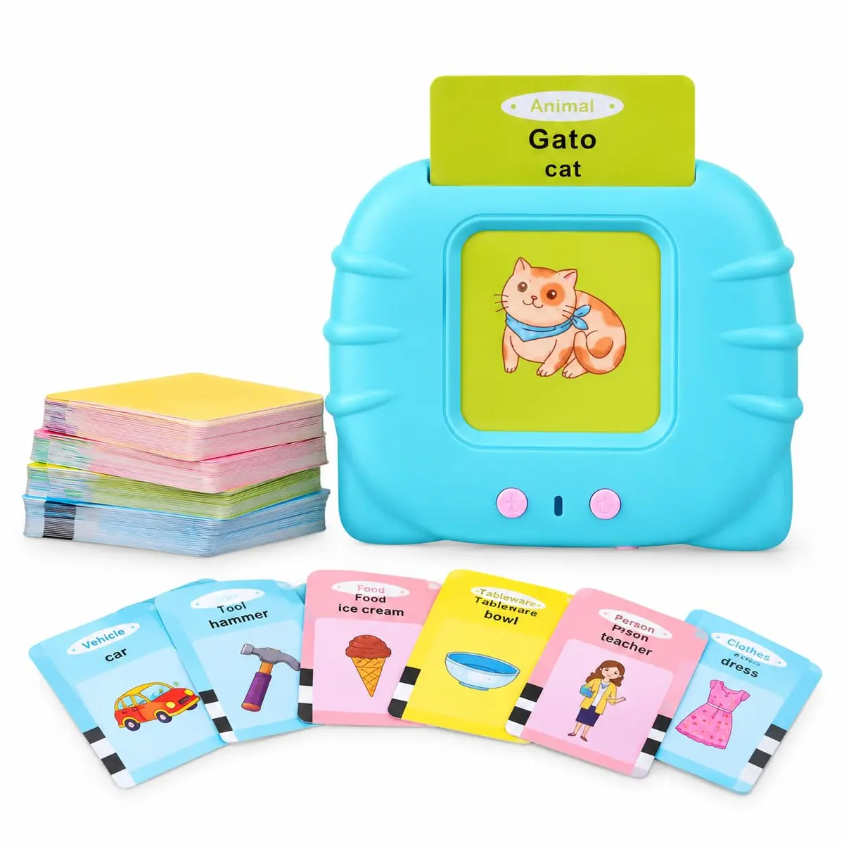 Brinquedo Educativo Montessori Leitor de Cartões Flash Cards Bilíngue Português Inglês 112 Cartas 224 Palavras Alfabetização Infantil Tablet Sonoro Interativo Recarregável Estimula Fala. AZUL.