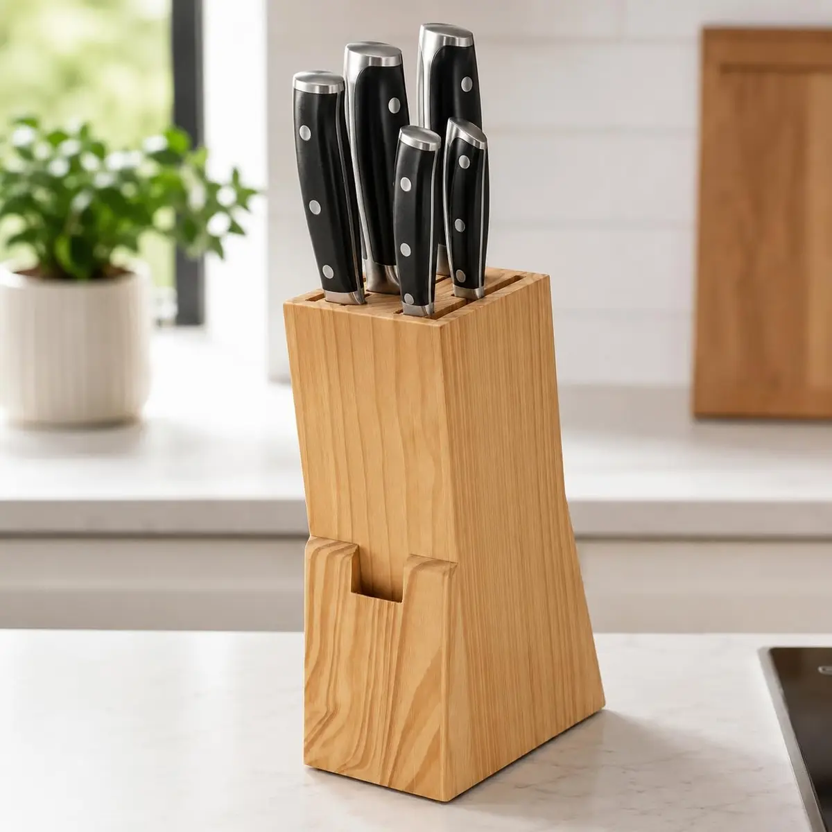 Porta Facas de Bambu Natural, Organizador de Facas para Cozinha, Suporte para Facas e Utensílios, Cepo Compacto para Bancada - 1