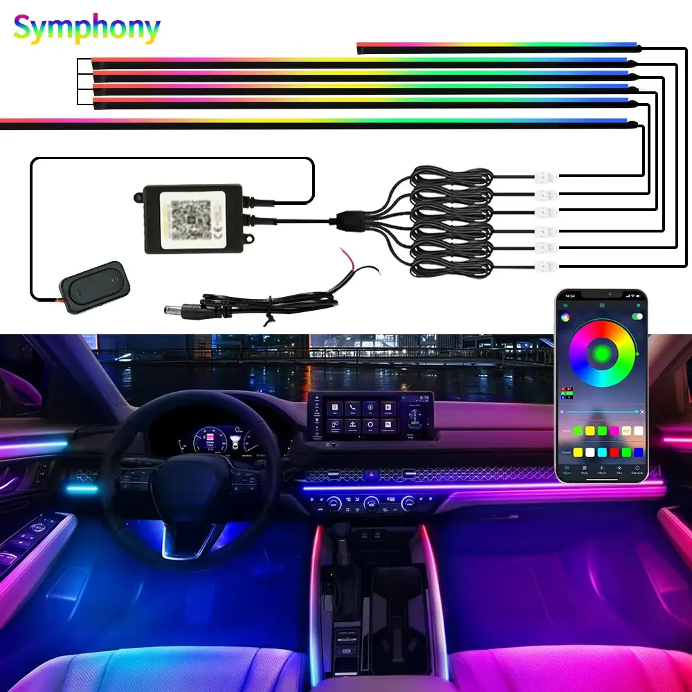 6/10/18 em 1 sinfonia rgb luz de néon luz ambiente do carro interior acrílico tira led decoração atmosfera lâmpada por controle app
