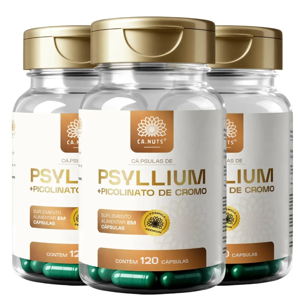 Psyllium husk em Cápsulas + Piccolinato de Chromo Premium Ca.nuts - Suplemento alimentar, Fibras e Regulador intestinal | 120 Cápsulas (3 Potes - Para 90 dias (360 Cápsulas))