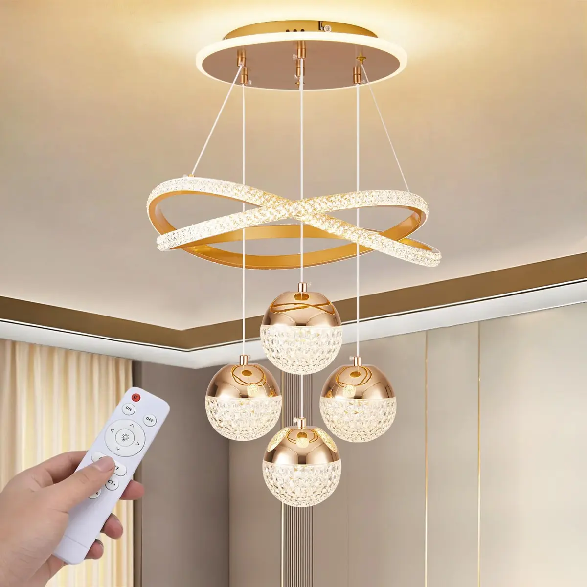 Lustre Pendente LED Linear Ouro Para Sala de Jantar com Controle Remoto | Para Sala e Quarto, Dimerização Contínua, Temperatura de Cor Ajustável, Controle Remoto