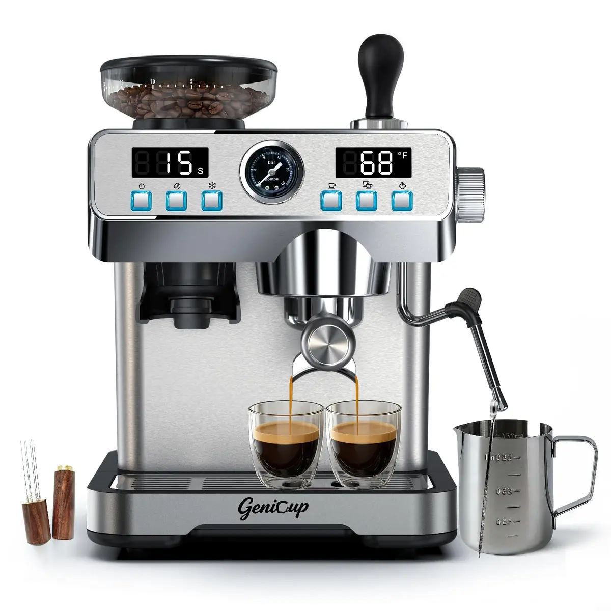 GeniCup Máquina de café expresso com moedor de 20 bares, máquinas de café expresso profissionais para casa, personalizável, 90 °C a 95 °C, máquina de café expresso com tanque de água de 20 ml