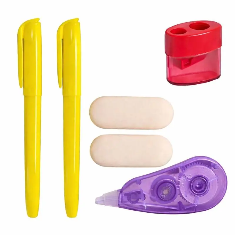 Kit Escolar Completo Com Marca-Texto Borrachas Apontador E Corretivo Em Fita – Ideal Para Estudos Escola E Escritório (Rosa Ou Lilás) - 1