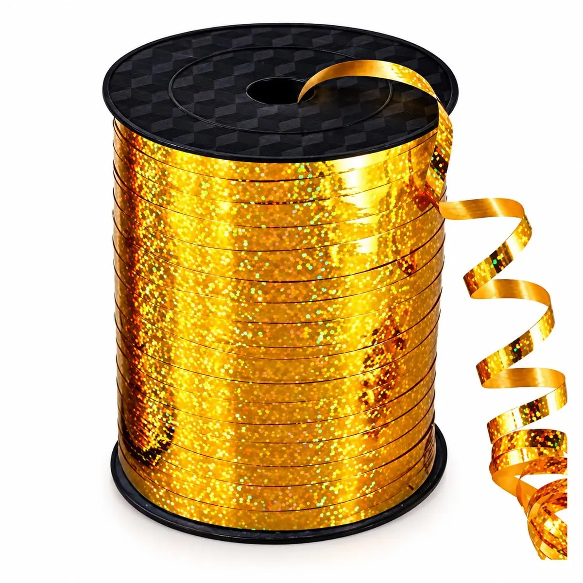 Fitilho Metalizado Holográfico Dourado 200m Decoração de Festas e Balões | Rolo com 200 metros de fitilho holográfico resistente para laços de balões