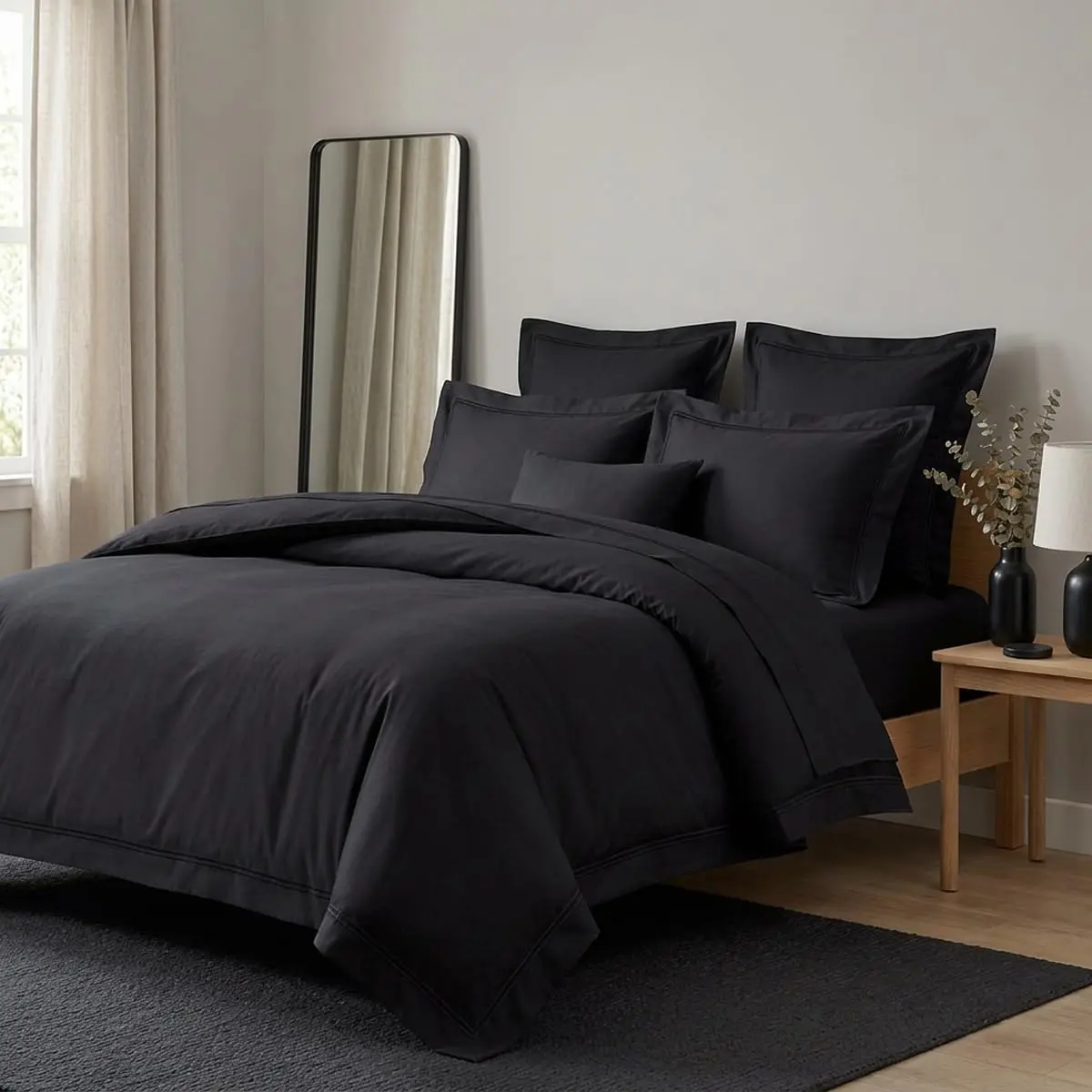 Kit Edredom Jogo de Cama Dupla Face Casal Queen Preto 6 Peças | Kit Completo